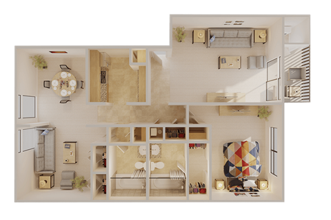 Floor plan for 1 bed, 2 baths, 1142 sqft